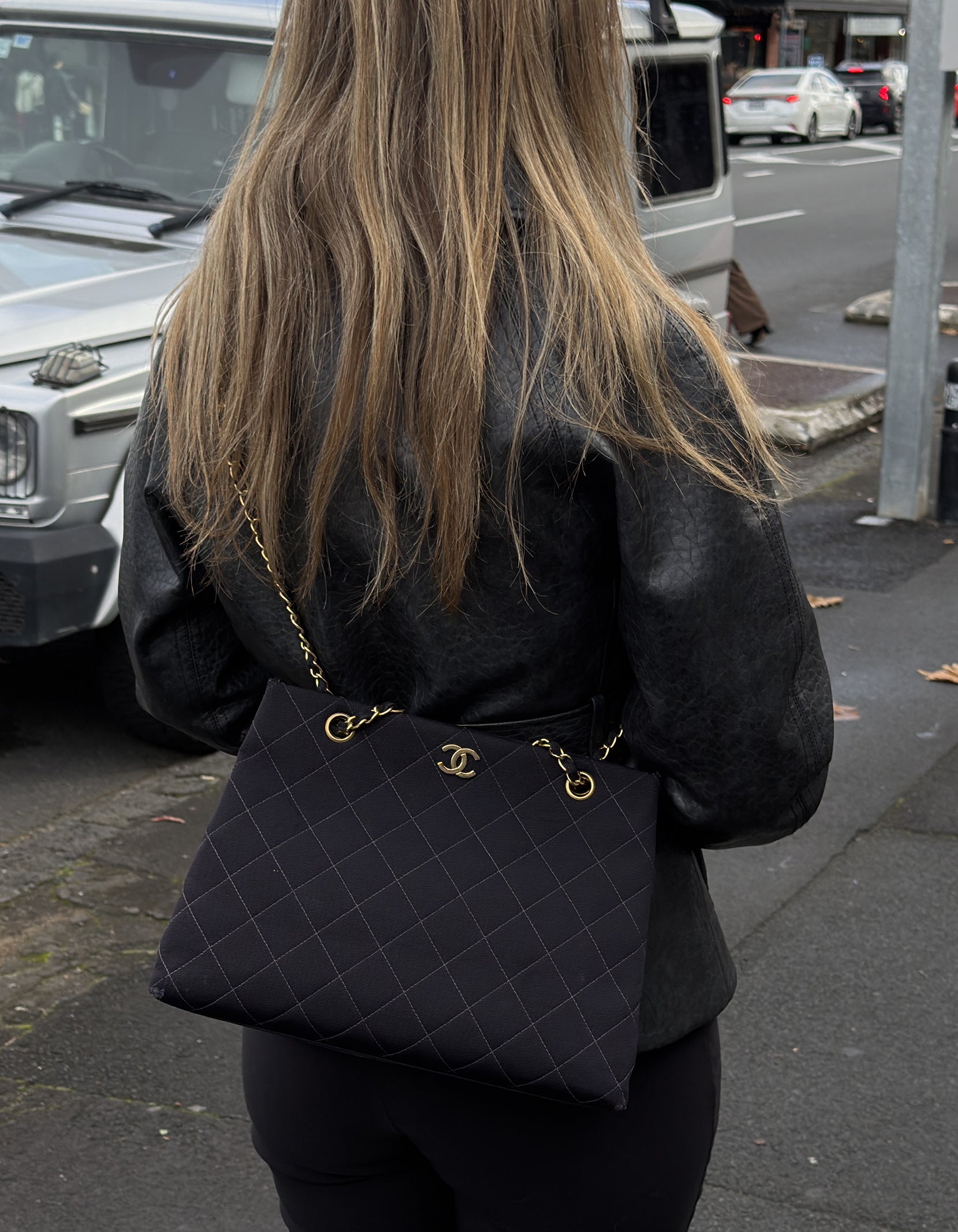 Chanel Black Quilted Canvas Chain Tote