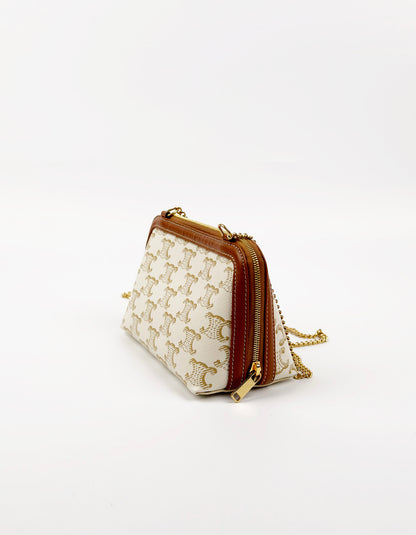 White Tan Triomphe Canvas Clutch With Chain