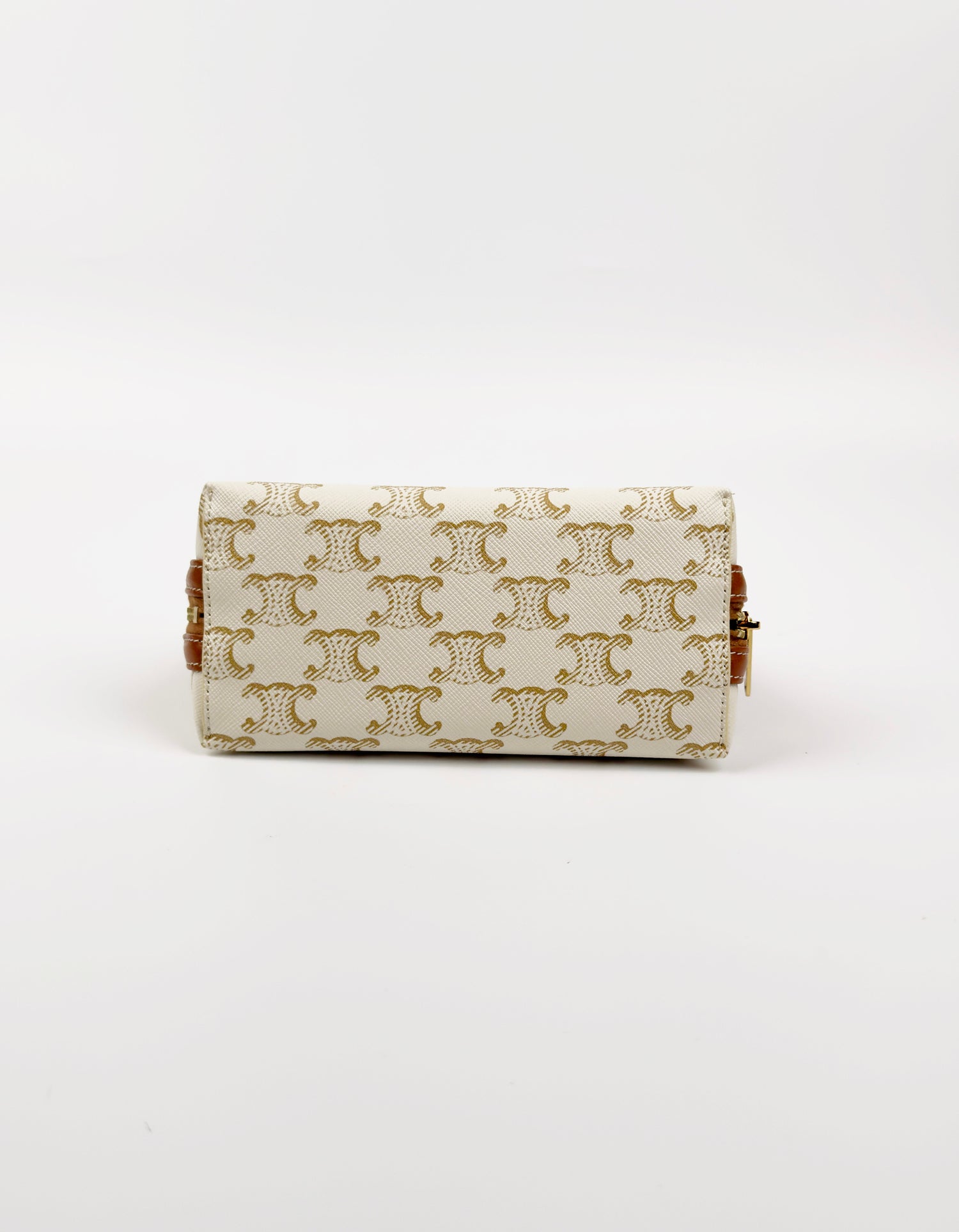 White Tan Triomphe Canvas Clutch With Chain