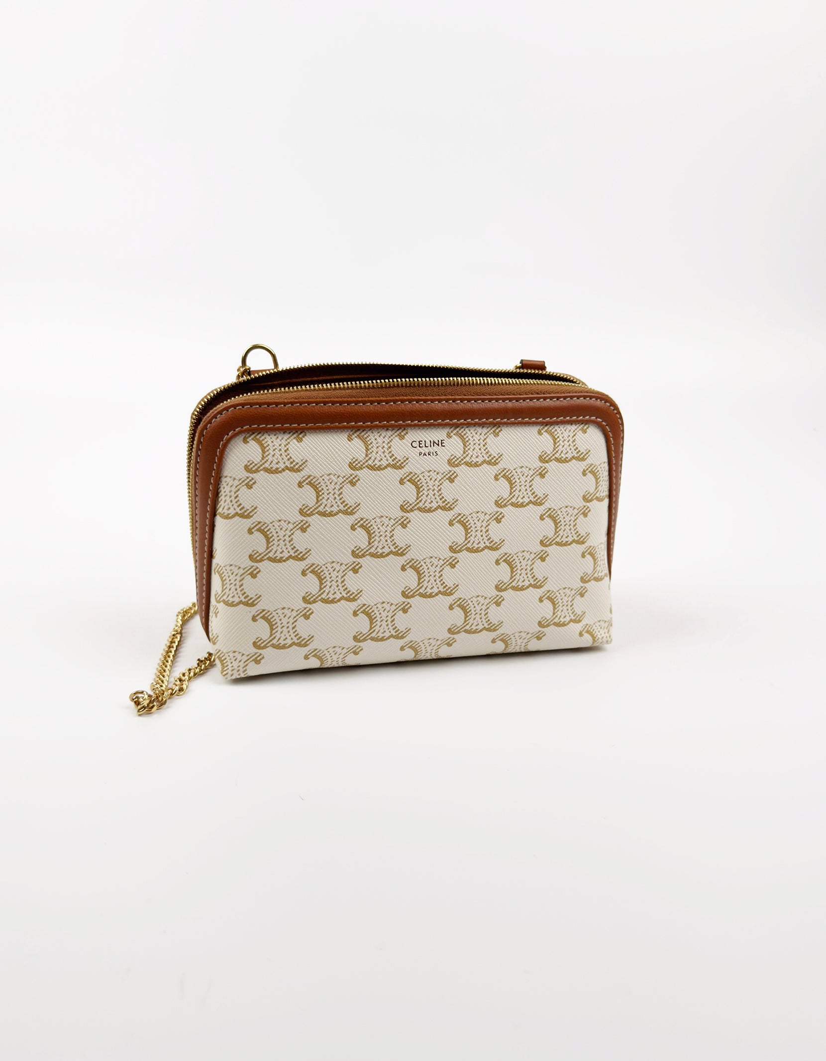 White Tan Triomphe Canvas Clutch With Chain