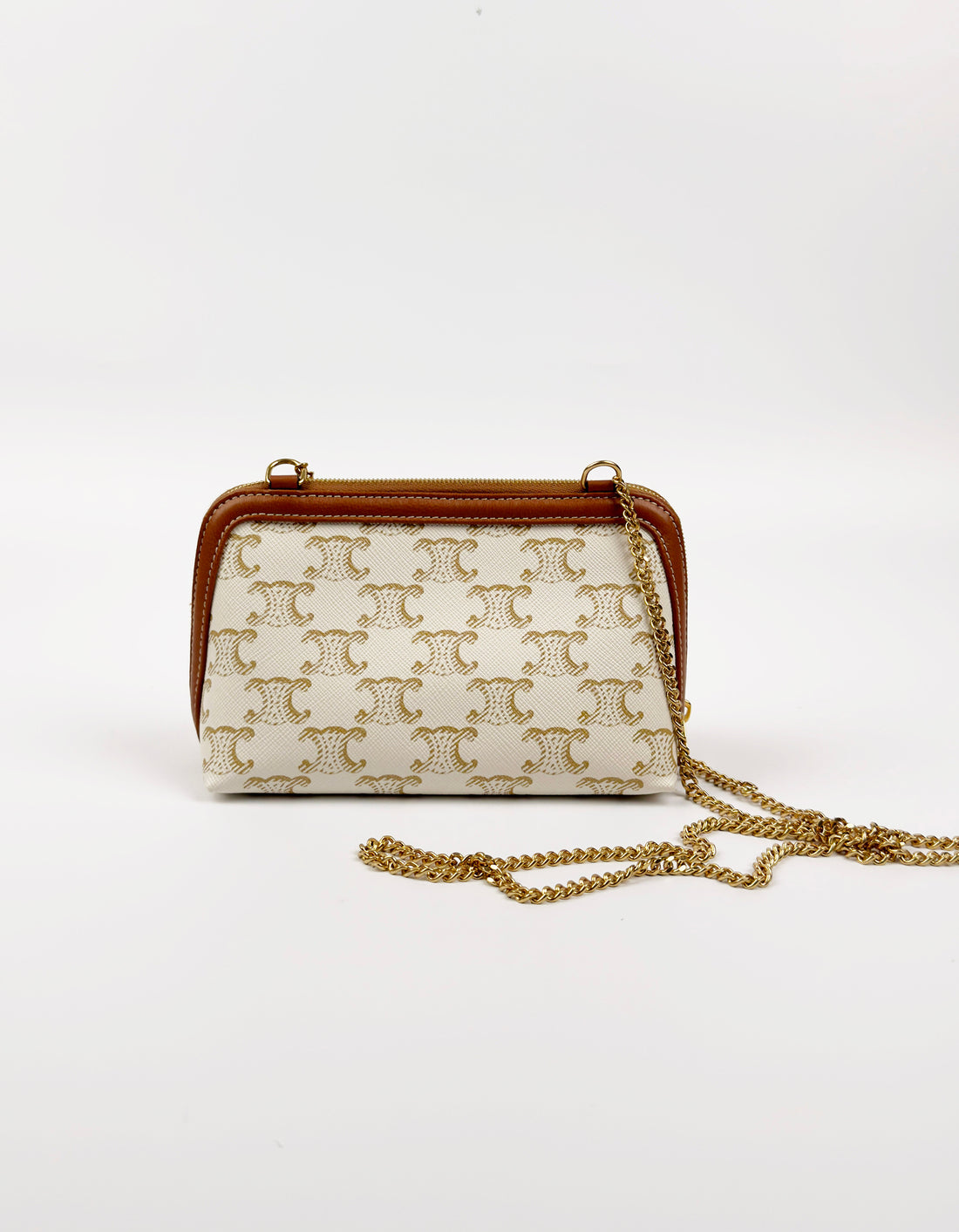 White Tan Triomphe Canvas Clutch With Chain